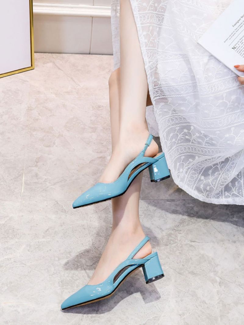 Mellom-lave Hæler For Kvinner Elegante Spissede Tå Tykk Hæl Slip-on Glamorøse Blå Slingback - Blå