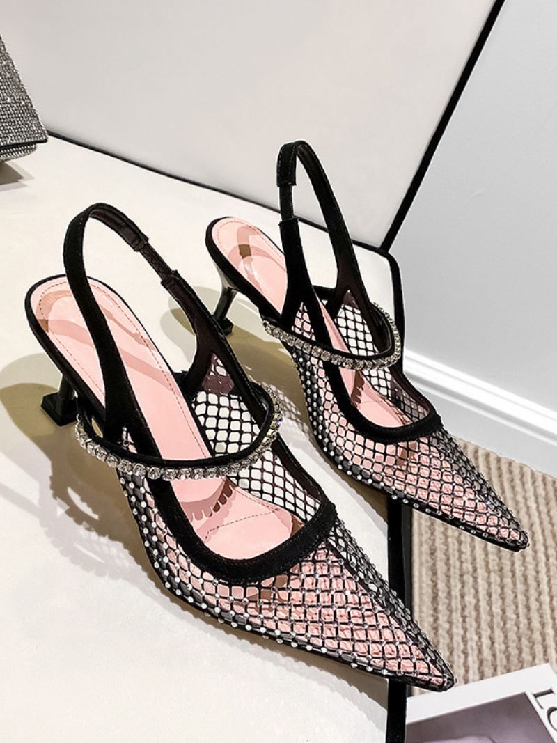 Slingback Hæler For Kvinner Mesh Black Rhinstones Stiletto Heel Pumps Party Sko - Svart