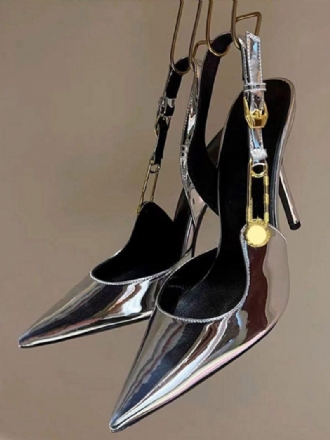 Sølv Høyhæl Pumper Kvinner Spiss Tå Kjede Detalj Slingback