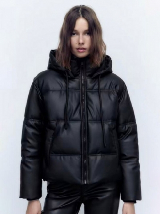 Puffer Frakkstativ Krage Hodded Zip Up Slant Lommer Yttertøy For Kvinner