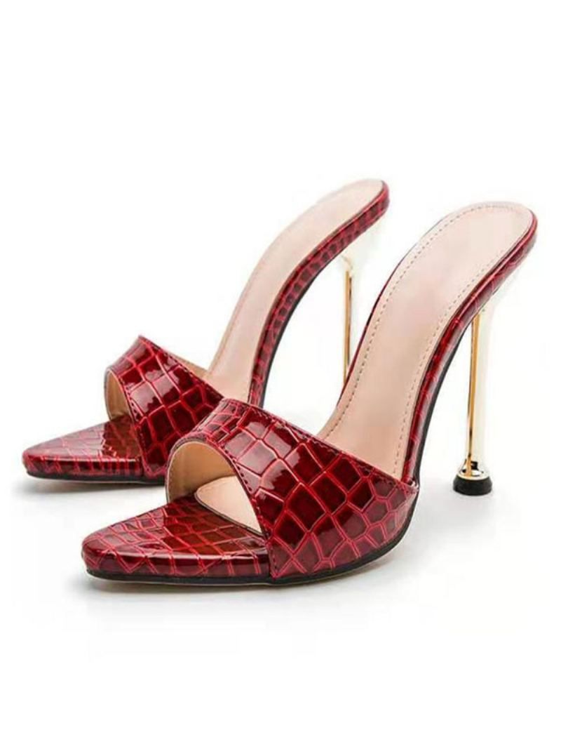Kvinner Hæl Muldyr Brun Åpen Tå Slangetrykk Mønster Slip-on Stiletthæl Pu Lær - Burgunder