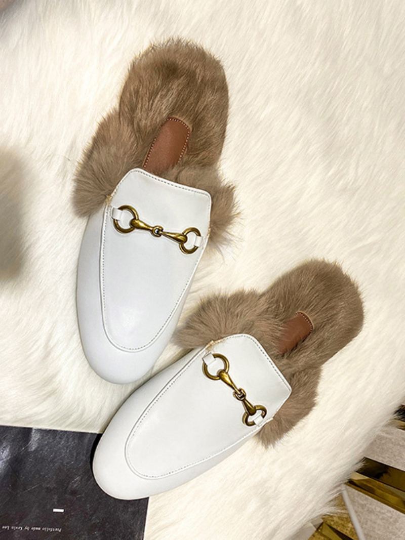 Kvinners Mule Loafers Svart Rund Tå Fuskepelsdetaljer Backless Sko - Hvit