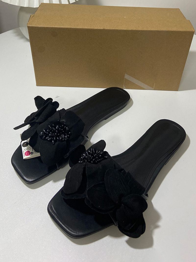Slidesandaler For Kvinner Chic Flowers Microfiber Open Toe Kitten Heel Tøfler - Sort