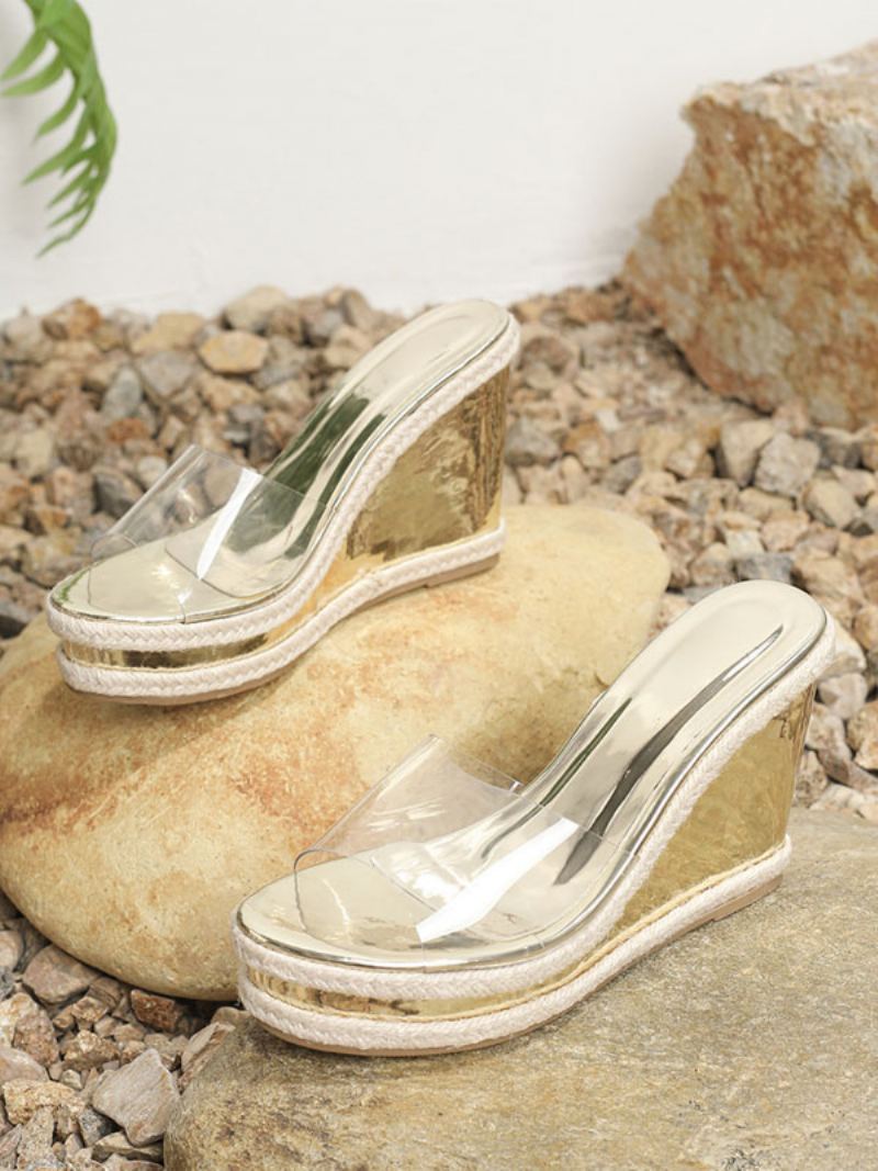 Slidesandaler For Kvinner Chic Pvc Øvre Peep Toe Kilehæltøfler - Gull