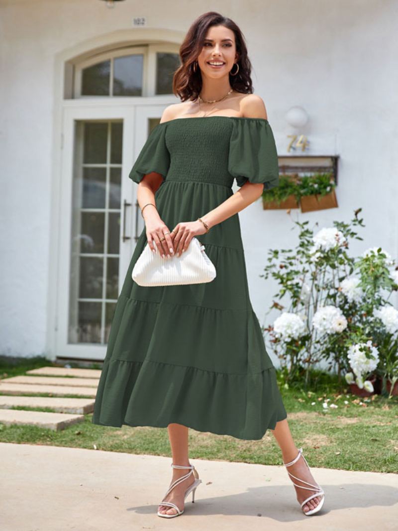 Dame Sommer Midi Dress Rosa Bateau Neck Plissert Strandkjole - Jægergrønn