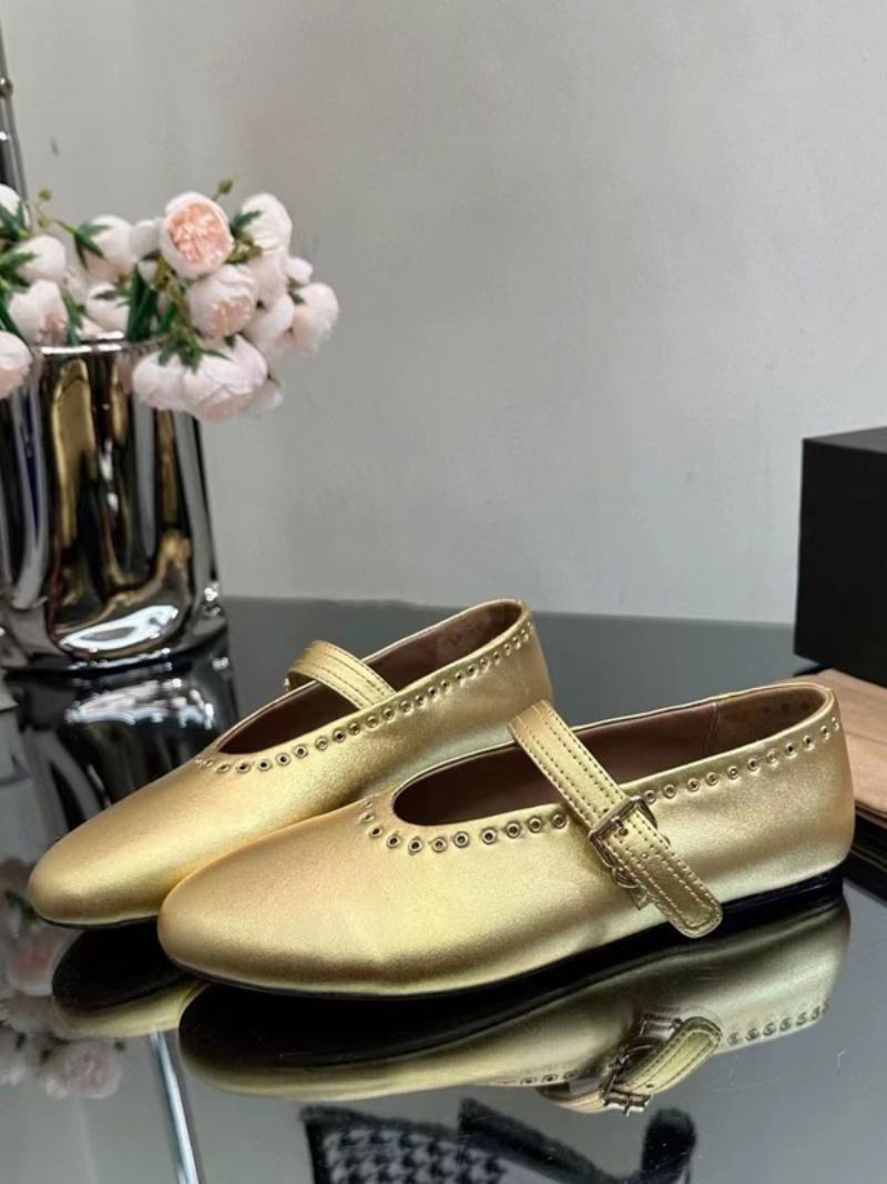 Ballerina Flats For Kvinner Sølv Rund Toe Mary Jane Sko - Gull