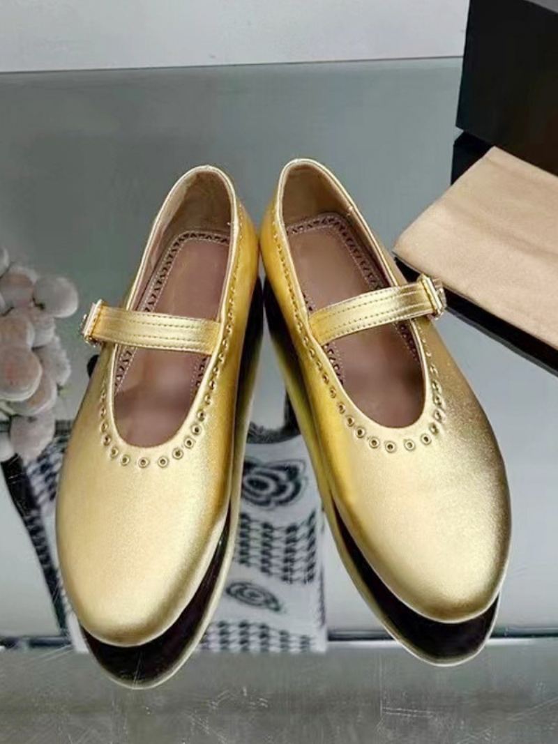 Ballerina Flats For Kvinner Sølv Rund Toe Mary Jane Sko - Gull
