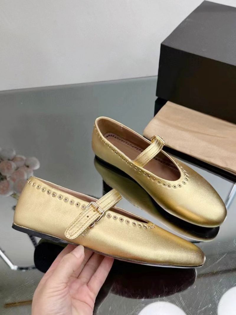 Ballerina Flats For Kvinner Sølv Rund Toe Mary Jane Sko - Gull