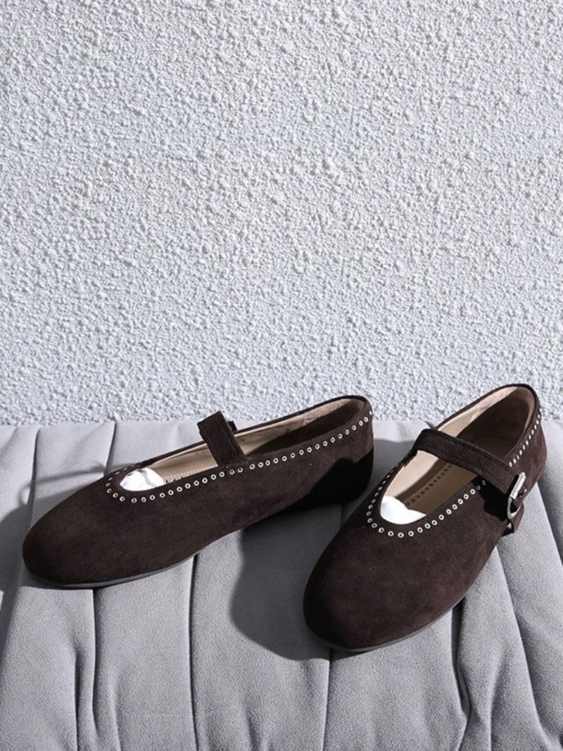 Ballerina Flats For Kvinner Sølv Rund Toe Mary Jane Sko - Dyp Brun
