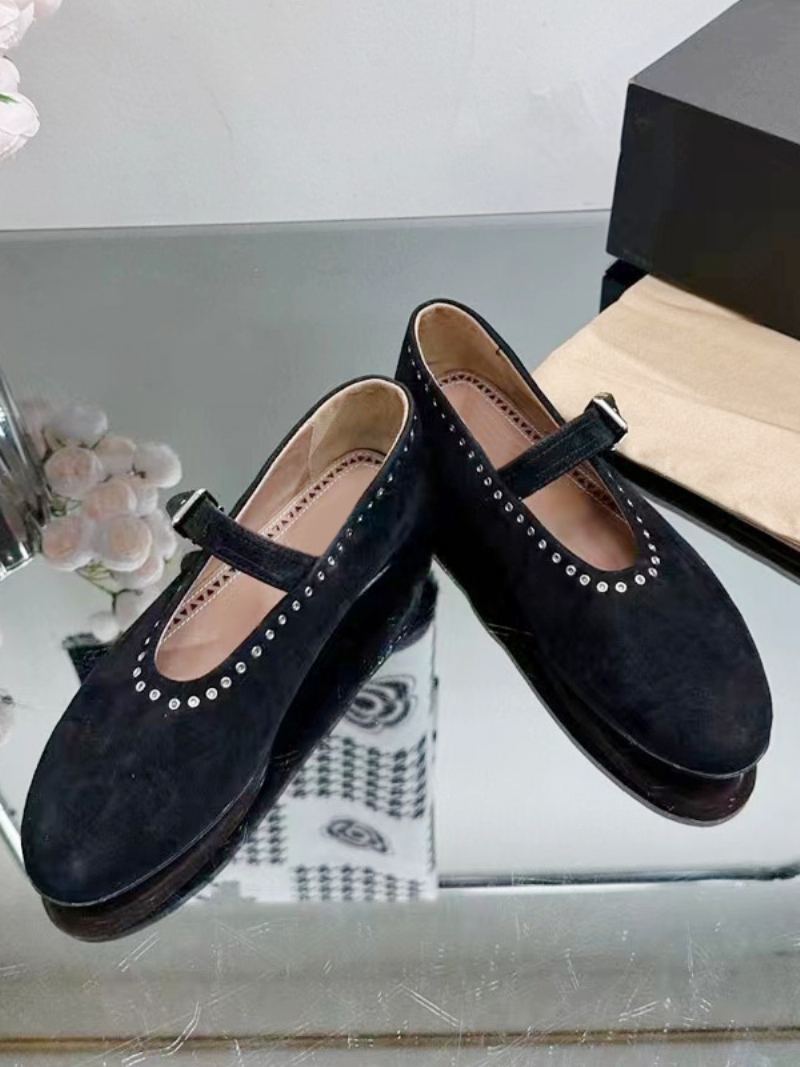 Ballerina Flats For Kvinner Sølv Rund Toe Mary Jane Sko - Sort