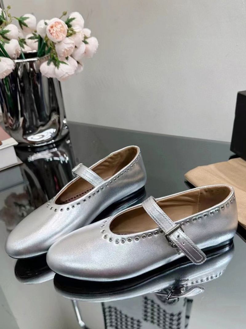 Ballerina Flats For Kvinner Sølv Rund Toe Mary Jane Sko - Sølv