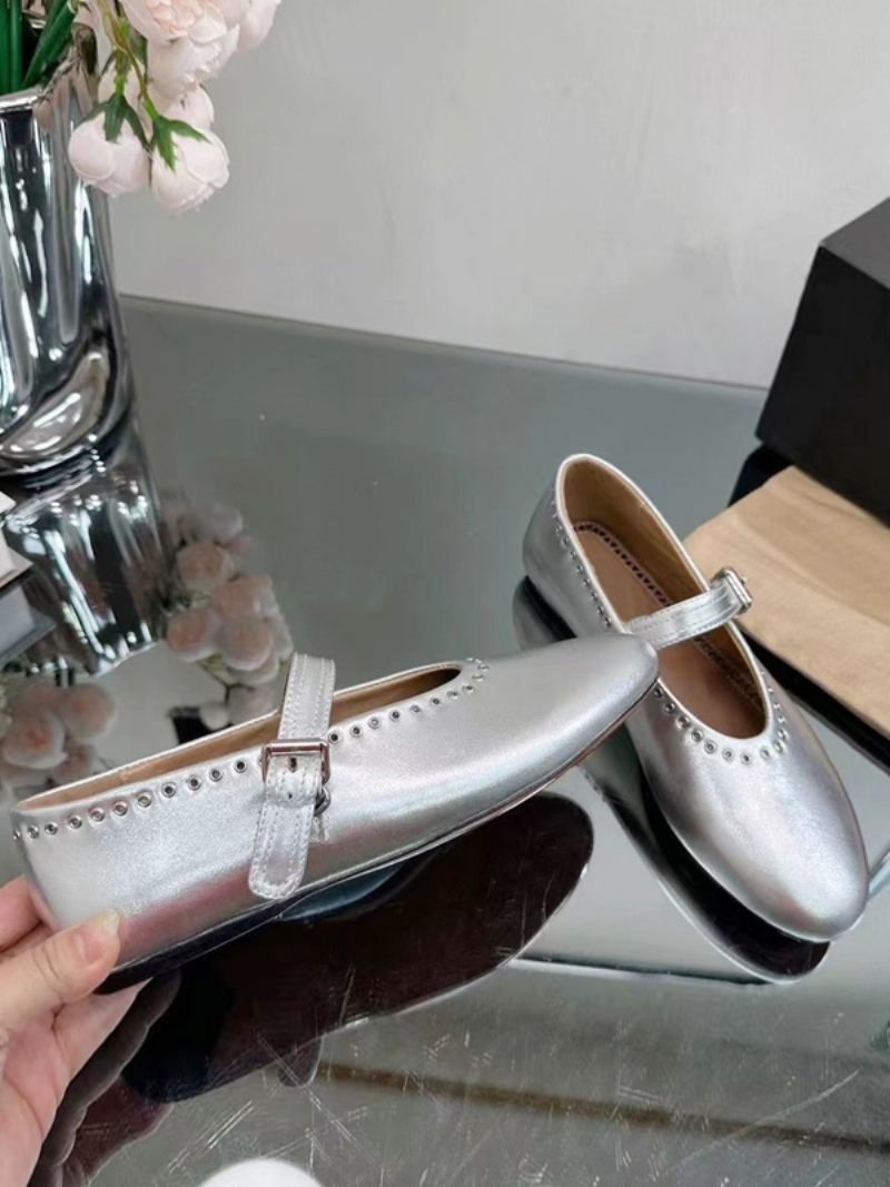 Ballerina Flats For Kvinner Sølv Rund Toe Mary Jane Sko - Sølv
