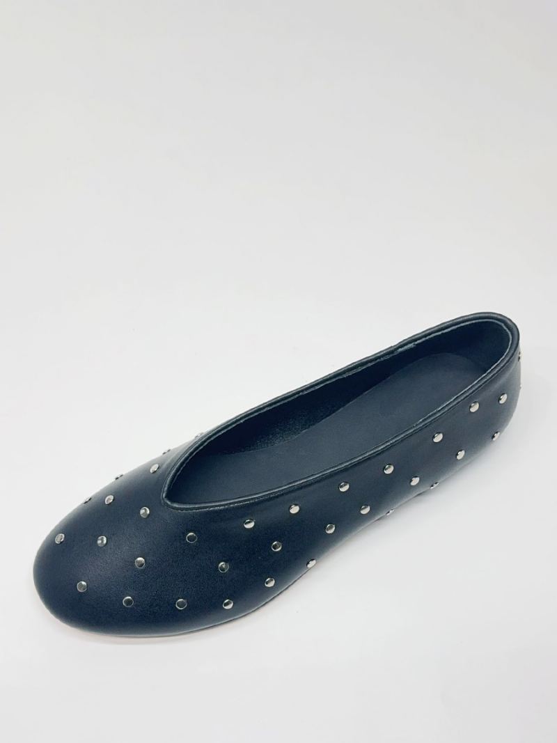 Black Ballerina Flats Kvinner Rund Toe Beaded Slip On Ballet
