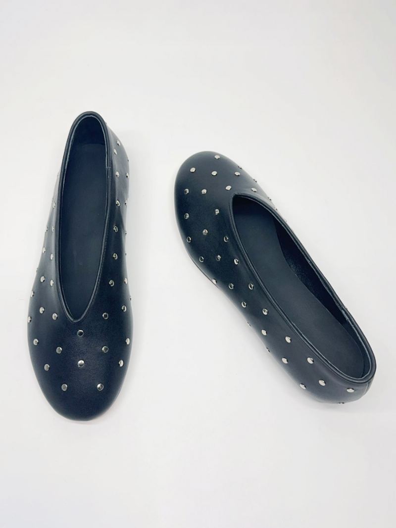 Black Ballerina Flats Kvinner Rund Toe Beaded Slip On Ballet - Svart