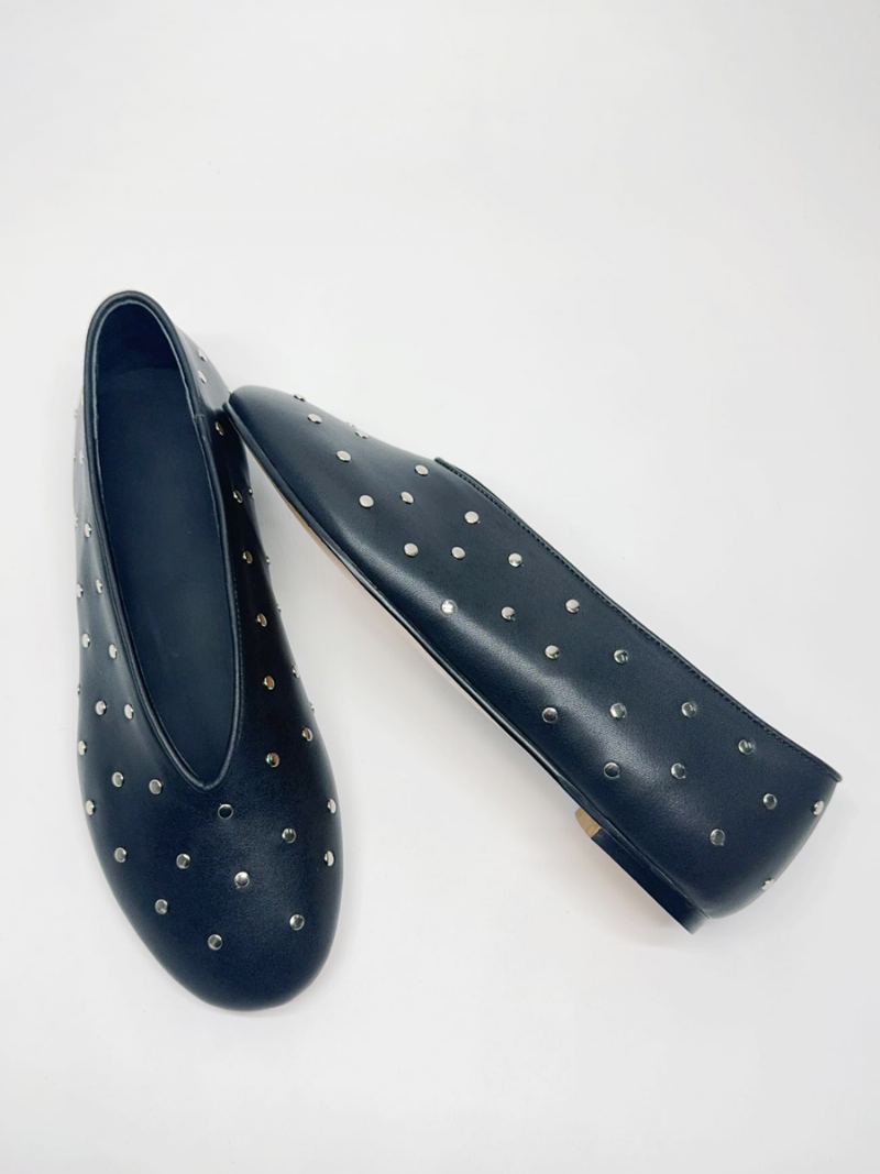 Black Ballerina Flats Kvinner Rund Toe Beaded Slip On Ballet - Svart
