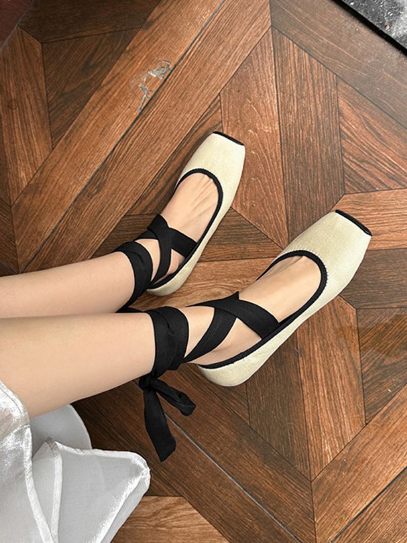 Black Ballerina Flats Square Toe Lace Up Ballett Flate Sko For Kvinner - Lys Gul