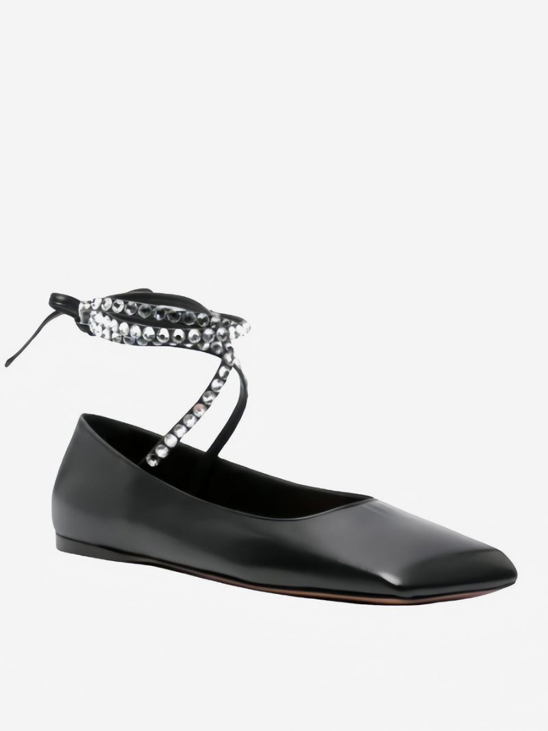 Black Ballet Flats Kvinner Square Toe Rhinestones Lace Up Ballerina - Svart