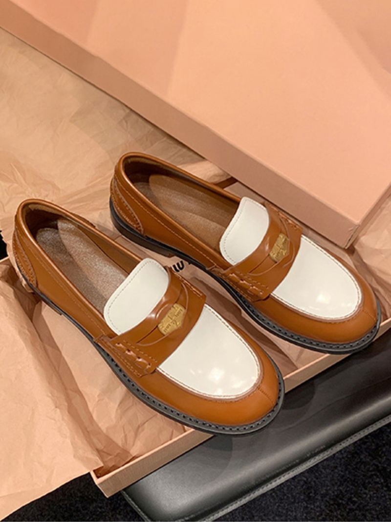 Penny Loafers For Kvinner Rund Tå Slip On Flate Sko - Kaffe Brun
