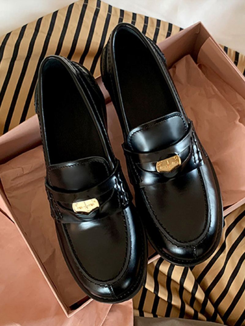 Penny Loafers For Kvinner Rund Tå Slip On Flate Sko - Sort