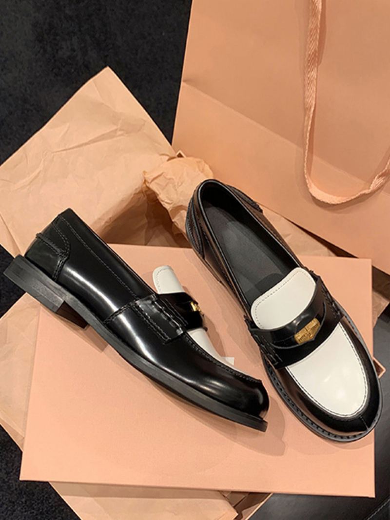 Penny Loafers For Kvinner Rund Tå Slip On Flate Sko - Sort+Hvit
