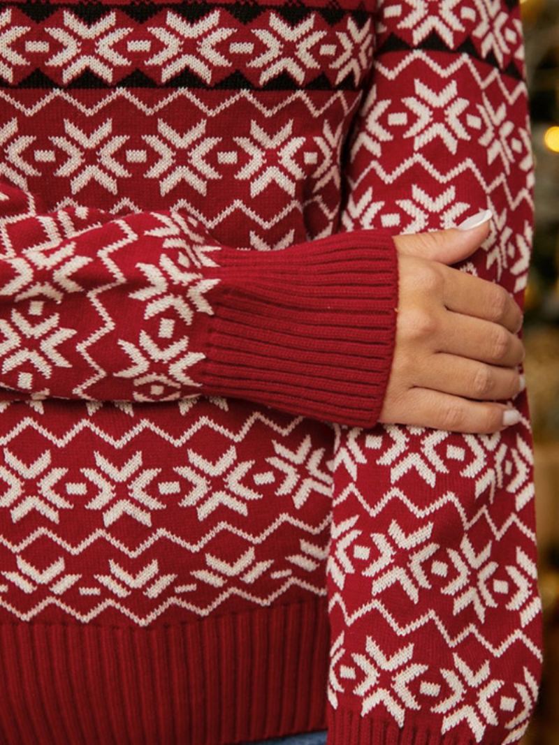 Kirsebærrød Genser For Dame Polo Neck Julemønster Pullover - Rød