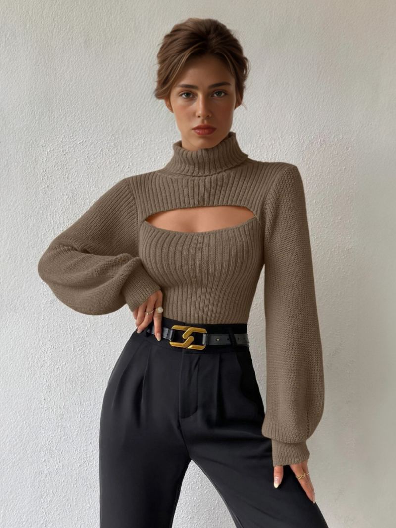 Ribbet Genser Med Høy Krage Cutout Mansjett Sexy Pullover For Kvinner