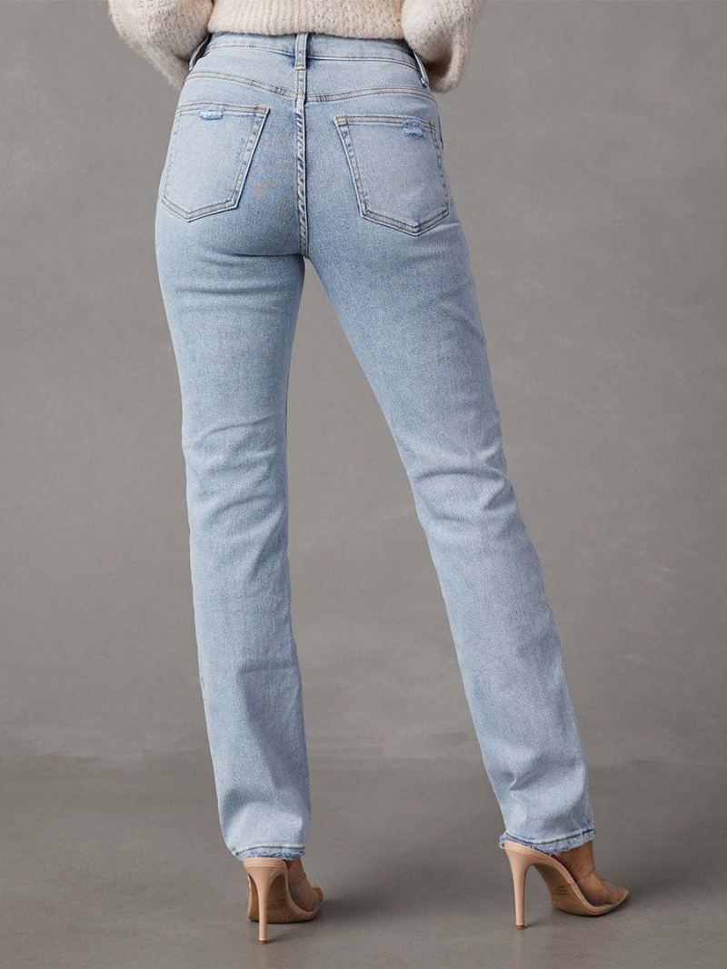 Klassiske Jeans Glidelås Fly Høyt Midjete Damebukser I Lys Himmelblå - Lys Himmelblå