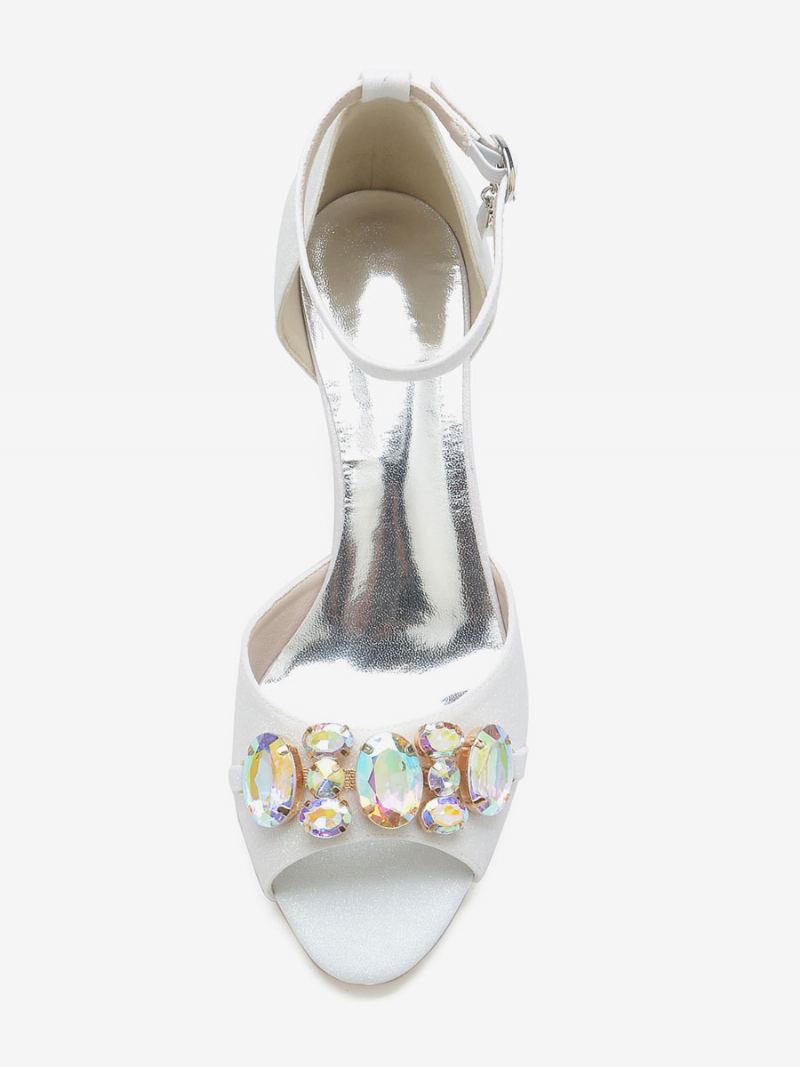 Brudesko For Kvinner Med Paljetter Peep Toe Rhinestones Chunky Heel Bryllupssko - Hvit