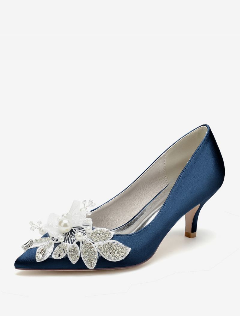 Bryllupssko For Kvinner Brude Pumps Satin Spiss Tå - Dyp Blå