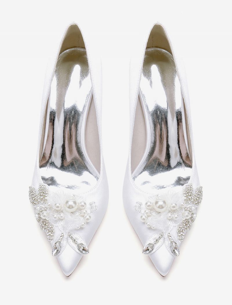 Bryllupssko For Kvinner Brude Pumps Satin Spiss Tå - Hvit