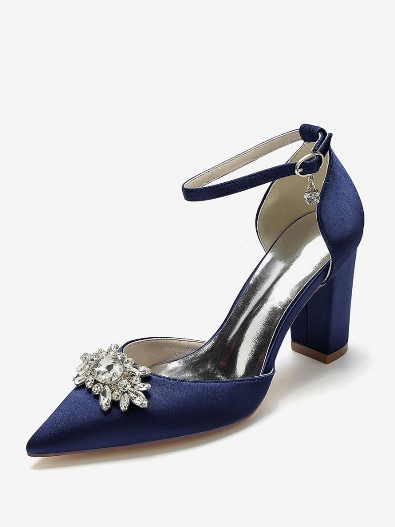 Bryllupssko For Kvinner Brude Pumps Silke Og Sateng Spiss Rhinestones - Dyp Blå