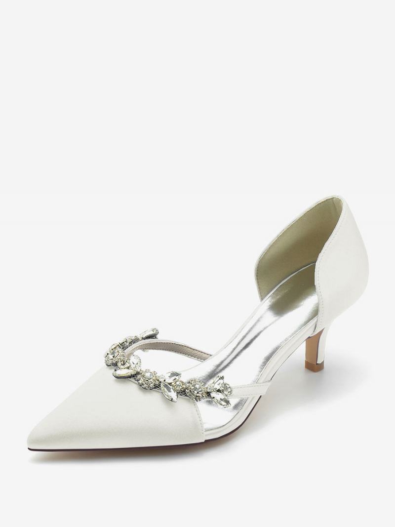 Bryllupssko For Kvinner Brude Pumps Silke Og Sateng Spissede Rhinestones Slip On Brudesko Kitten Heel - Elfenben