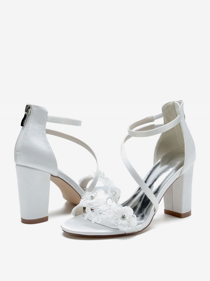 Bryllupssko For Kvinner Satin White Brodert Åpen Toe Bryllupssandaler - Hvit
