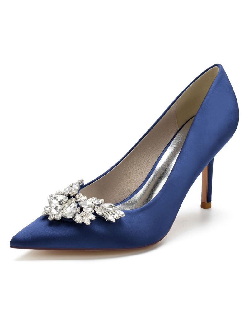 Dame Sateng Rhinestones Stiletthæl Brude Pumps - Dyp Blå