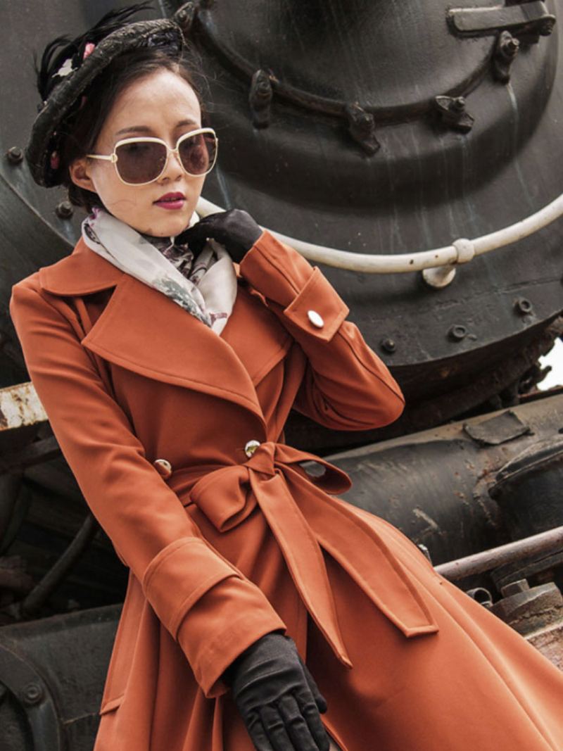 Kvinner Yttertøy Oransje Rød V-hals Langermet Sash Stretch Casual Maxi Coat - Oransje Rød