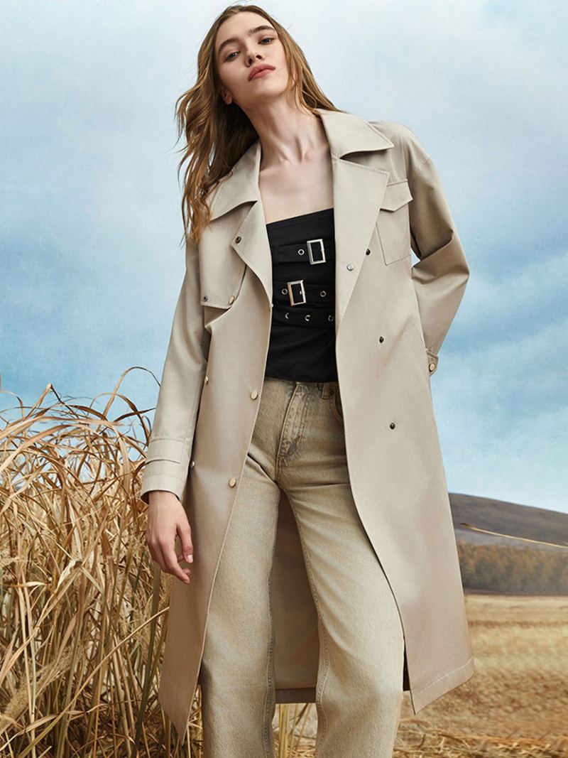 Kvinners Trench Coat Turndown Krage Sash Langermet Høst Vår Yttertøy - Beige