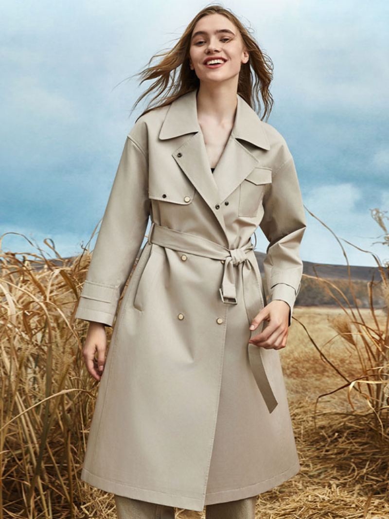 Kvinners Trench Coat Turndown Krage Sash Langermet Høst Vår Yttertøy - Beige