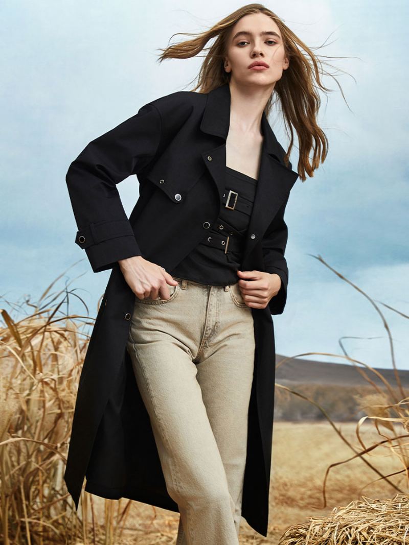 Kvinners Trench Coat Turndown Krage Sash Langermet Høst Vår Yttertøy - Sort