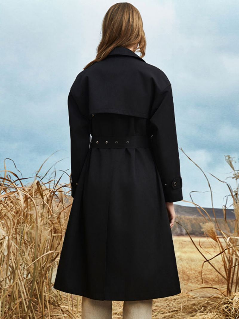 Kvinners Trench Coat Turndown Krage Sash Langermet Høst Vår Yttertøy - Sort