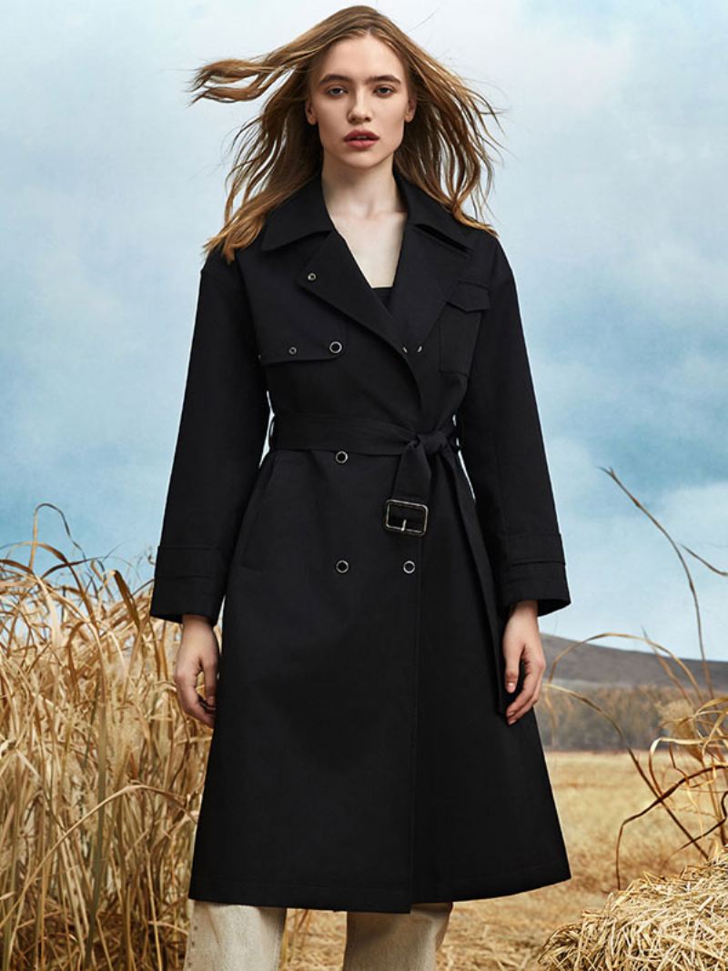 Kvinners Trench Coat Turndown Krage Sash Langermet Høst Vår Yttertøy - Sort