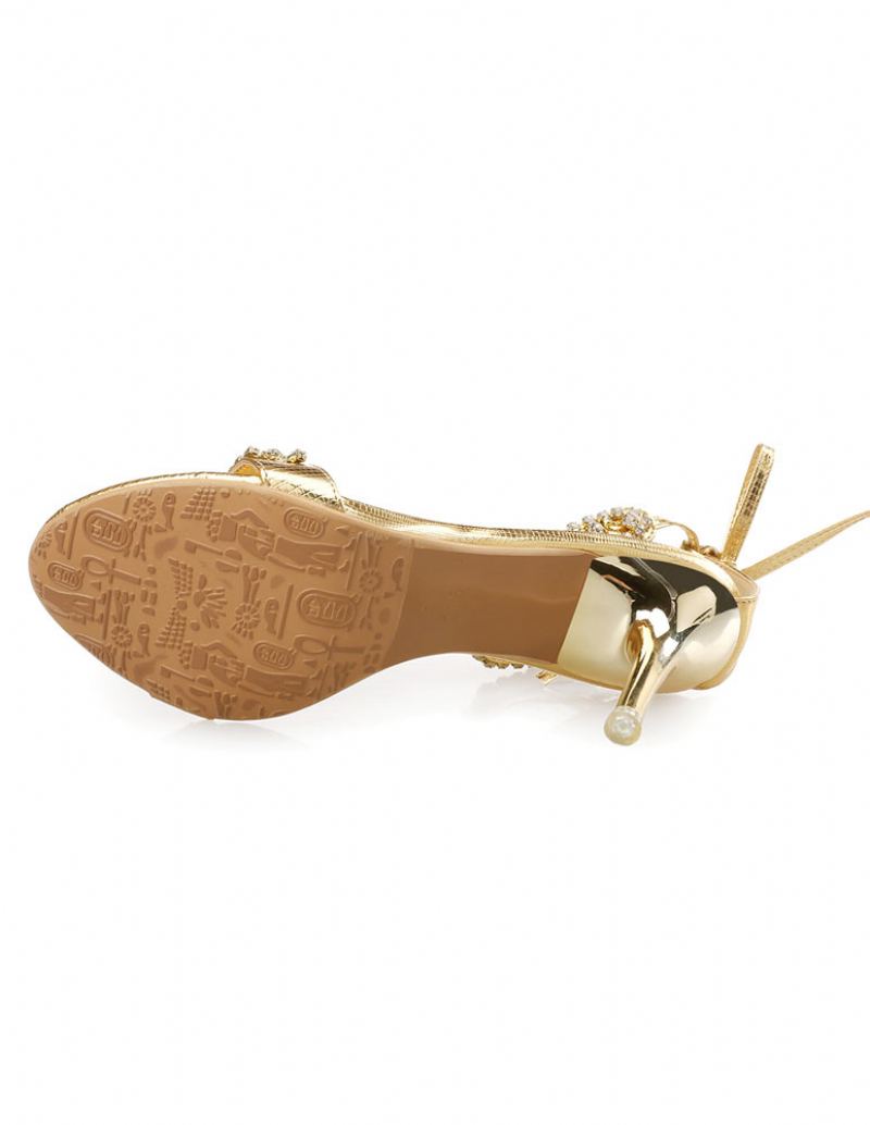 Dame Rhinestones Ankel Stropp Stiletthæl Kjole Sandaler - Gull