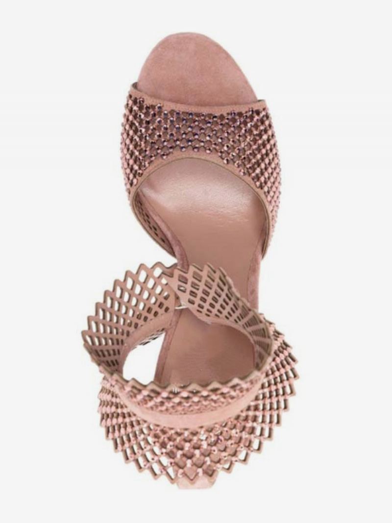 Høyhælte Damersandaler Rosa Peep Toe Rhinestones Cut Out Ballsko Ankelstropp Festsko - Rosa