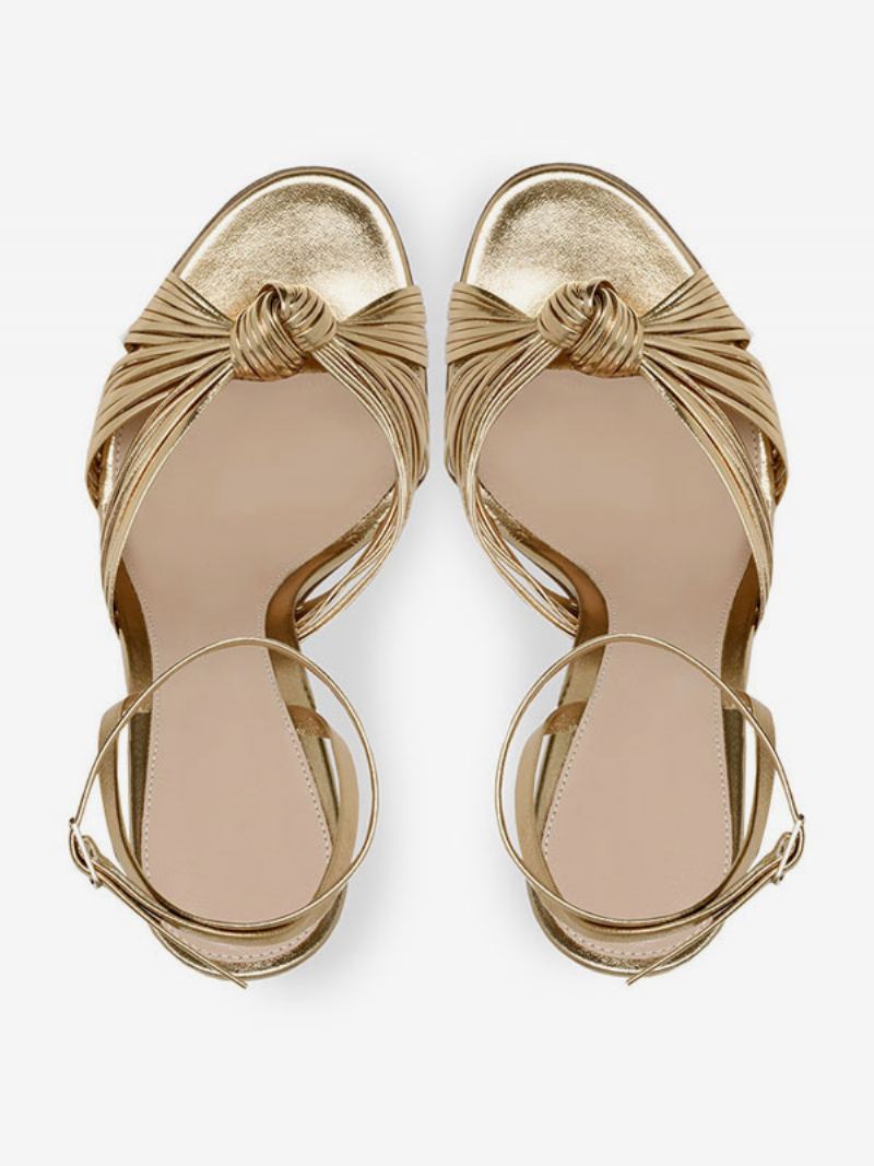 Høyhælte Sandaler Gull Metallic Knotted Designet Prom Sko Dame Party - Lyst Gull
