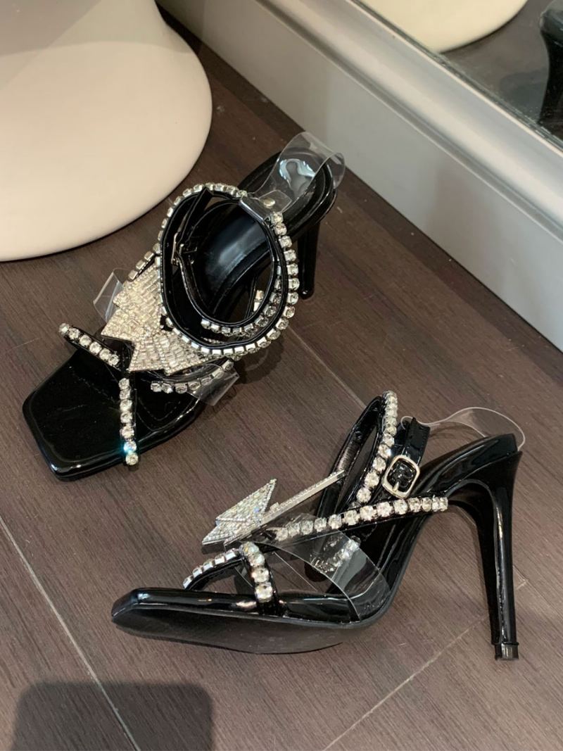 Kvinners Rose Høyhæl Sandaler Firkantet Tå Rhinestones Sommerfugldetaljer Stiletthæl Festsko - Svart