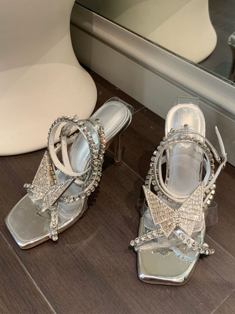 Kvinners Rose Høyhæl Sandaler Firkantet Tå Rhinestones Sommerfugldetaljer Stiletthæl Festsko - Sølv