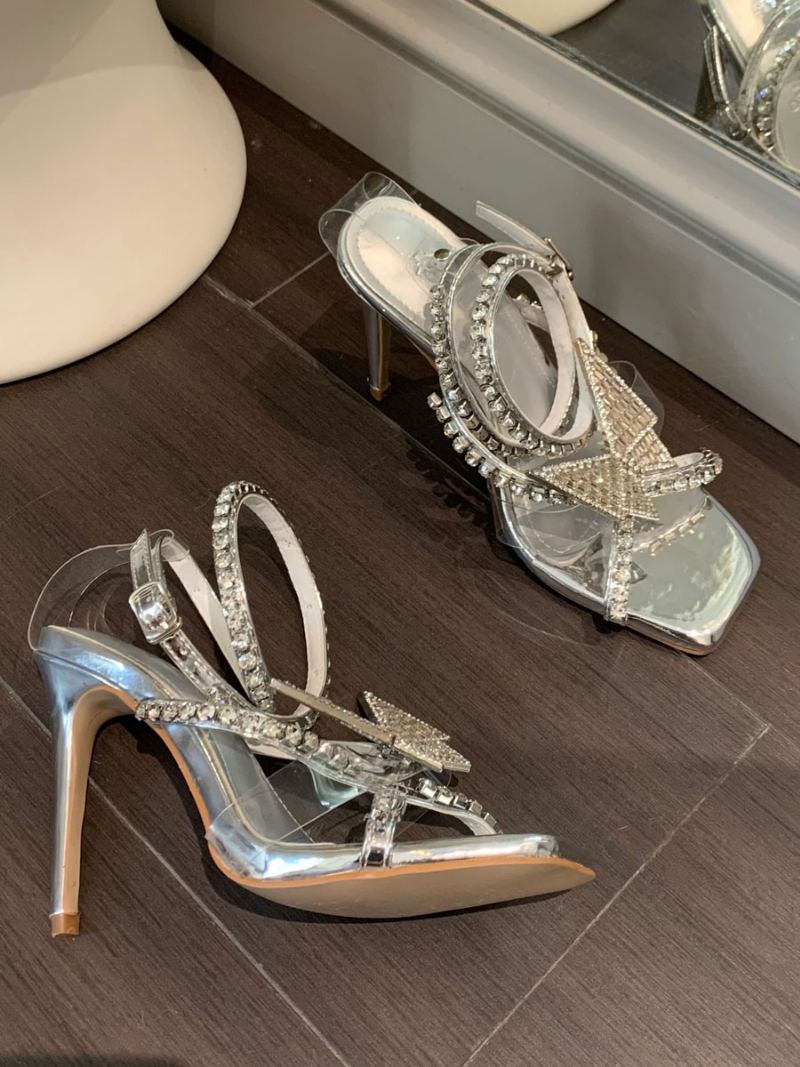 Kvinners Rose Høyhæl Sandaler Firkantet Tå Rhinestones Sommerfugldetaljer Stiletthæl Festsko - Sølv