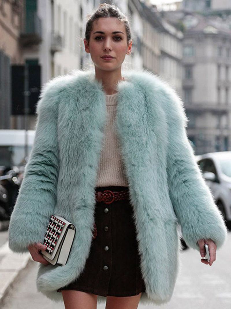 Faux Fur Coat Langermet Åpen Front Vinter Yttertøy For Dame - Lys Himmelblå