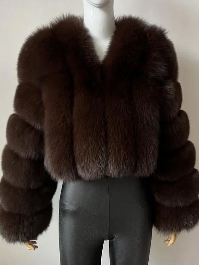 Faux Fur Coat V-hals Langermet Vinter Yttertøy For Dame - Kaffe Brun