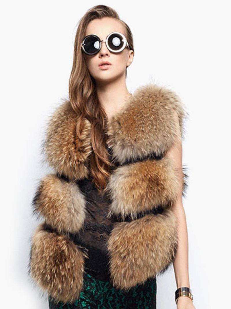 Faux Fur Vest Dame Camel Coat Ermeløs Jacket