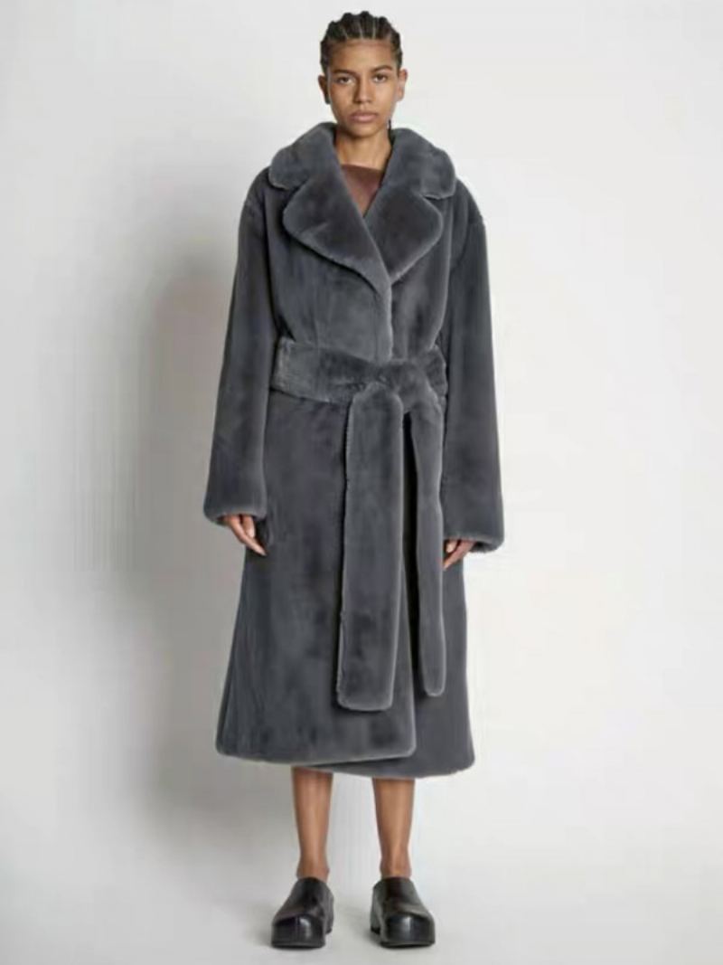 Longline Fuzzy Overfrakk Hakk Lapel Belted Løst Yttertøy For Kvinner - Deep Grey